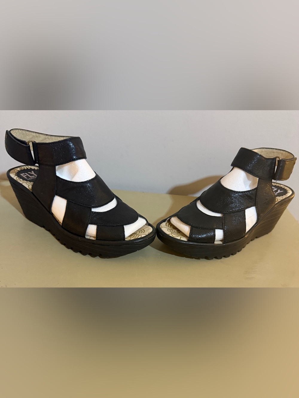 Fly London Black Leather Wedge Sandals EU 38 Chunky Platform Gladiator - Picture 5 of 6